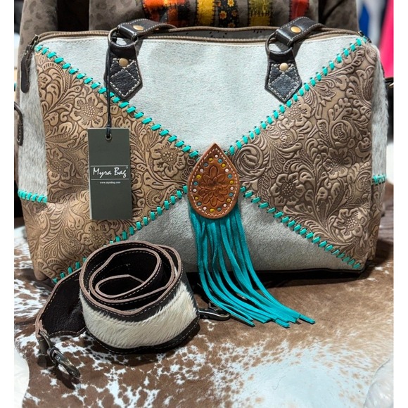Myra Bag Handbags - Myra Bag Western Cowhide Leather Floral Embossed Fringe Shoulder Bag Turquoise